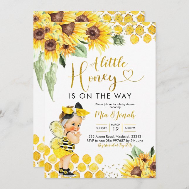 Sunflower Blonde Bee Baby Shower invitation (Front/Back)