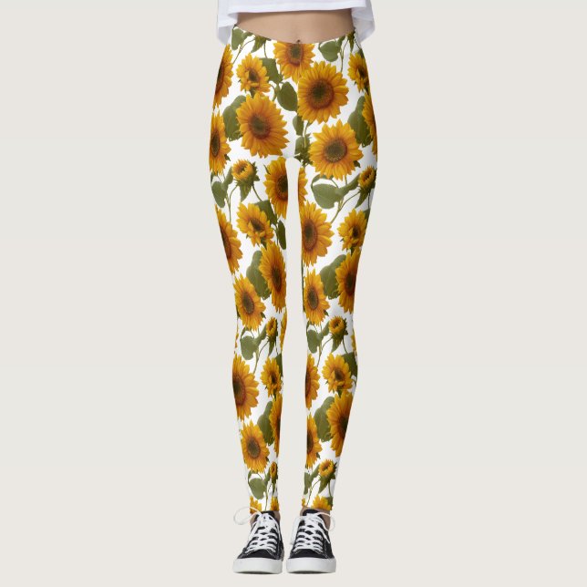 Sunflower Bloom Floral Pattern Leggings (Front)