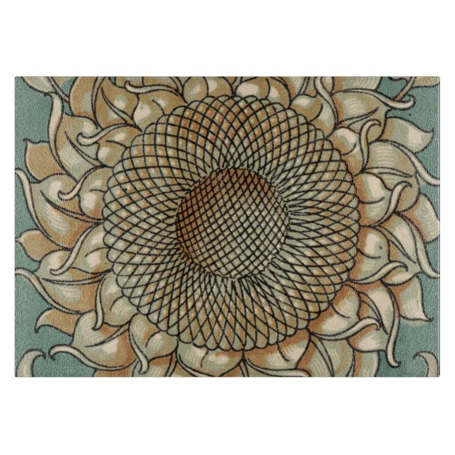 Sunflower Bloom on Blue-green Background Cutting Board (Front)