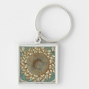 Sunflower Bloom on Blue-green Background Key Ring