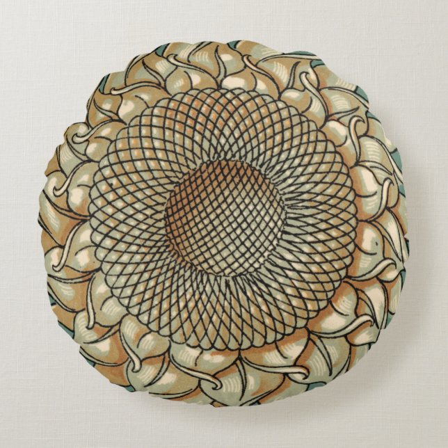 Sunflower Bloom on Blue-green Background Round Cushion (Front)