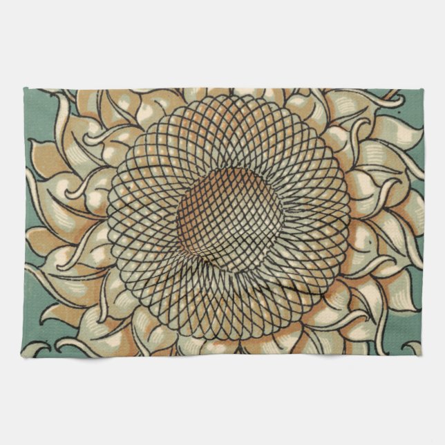 Sunflower Bloom on Blue-green Background Tea Towel (Horizontal)