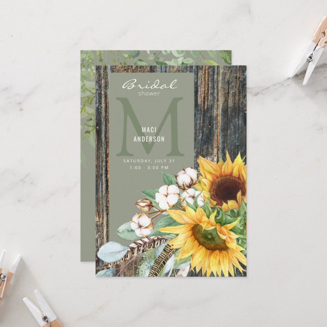 Sunflower Bloom Rustic Wood Sage Bridal Shower  Invitation (Front/Back In Situ)