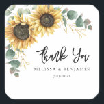 Sunflower Bloom Script Wedding Thank You Square Sticker<br><div class="desc">Create a modern Sunflower Floral thank you favour sticker with this cute template featuring beautiful rustic floral bouquet, geometric gold effect leaves, with modern simple typography. TIP: Matching wedding suite cards like RSVP, wedding programs, banners, tapestry, gift tags, signs, and other wedding keepsakes and goodies are available in the collection...</div>