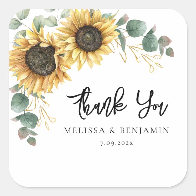 Sunflower Bloom Script Wedding Thank You Square Sticker (Front)