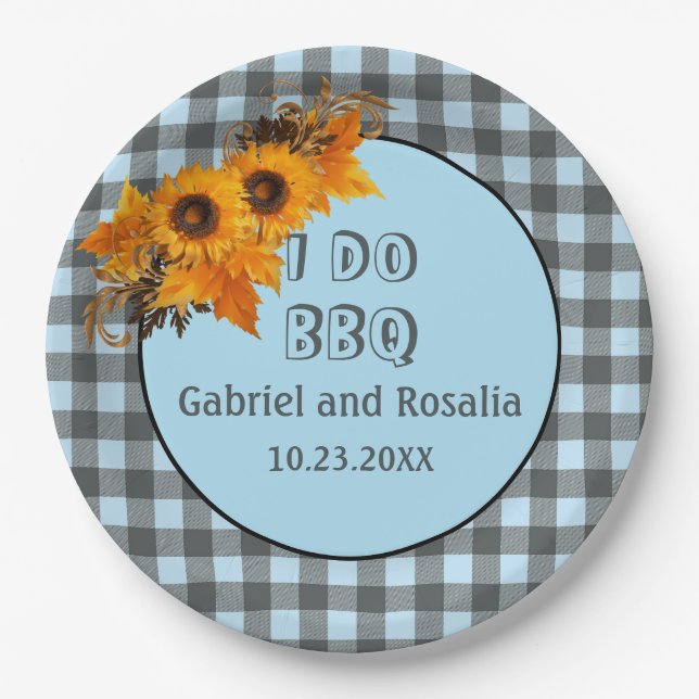 Sunflower & Blue Buffalo Checks Engagement Party Paper Plate (Front)