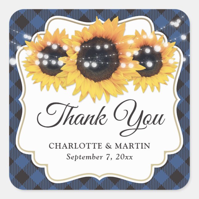 Sunflower Blue Buffalo Plaid Wedding Thank You Square Sticker (Front)
