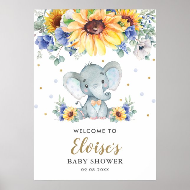 Sunflower Blue Floral Elephant Baby Shower Welcome Poster (Front)