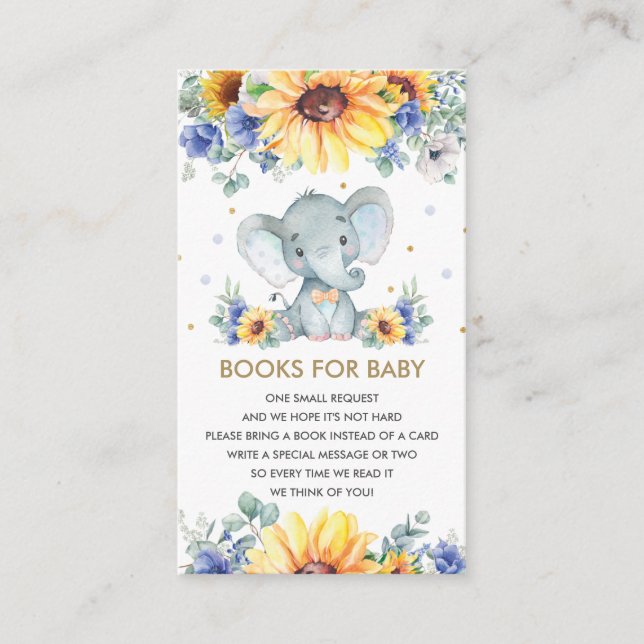 Sunflower Blue Floral Elephant Boy Books for Baby Enclosure Card (Front)