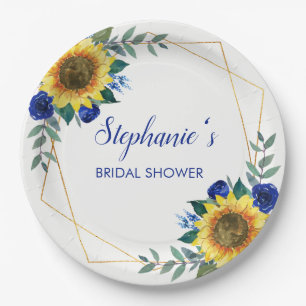 Sunflower Blue Floral Geometric Bridal Shower Paper Plate