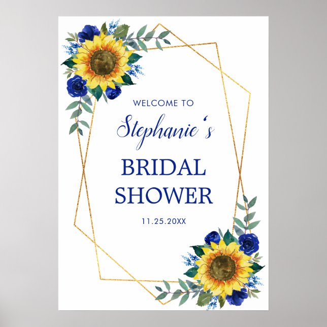 Sunflower Blue Floral Geometric Bridal Shower Poster (Front)
