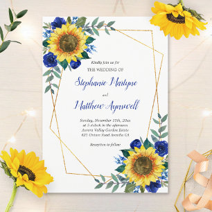 Sunflower Blue Floral Geometric Wedding Invitation