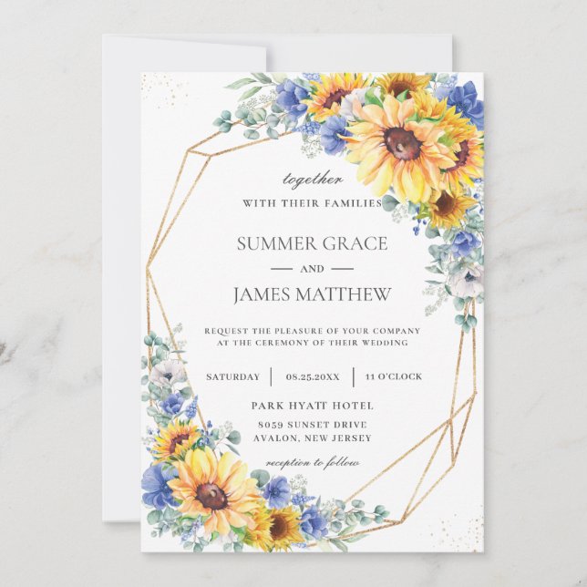 Sunflower Blue Floral Greenery Geometric Wedding  Invitation (Front)