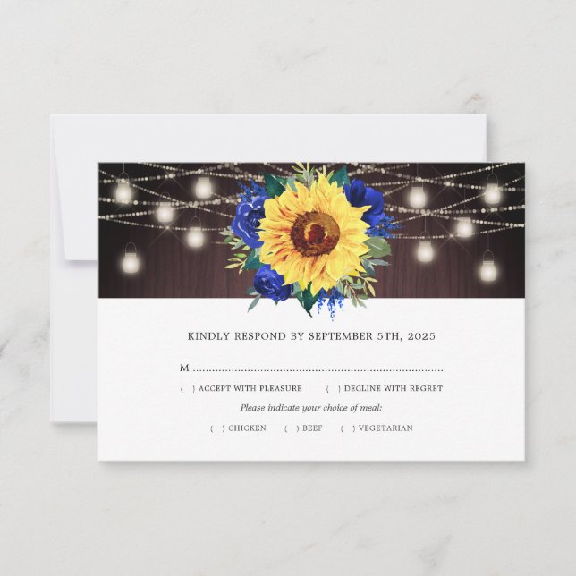 Sunflower Blue Floral Jar Lights Wood Wedding Meal RSVP Card (Front)