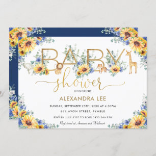 Sunflower Blue Floral Jungle Animals Baby Shower  Invitation