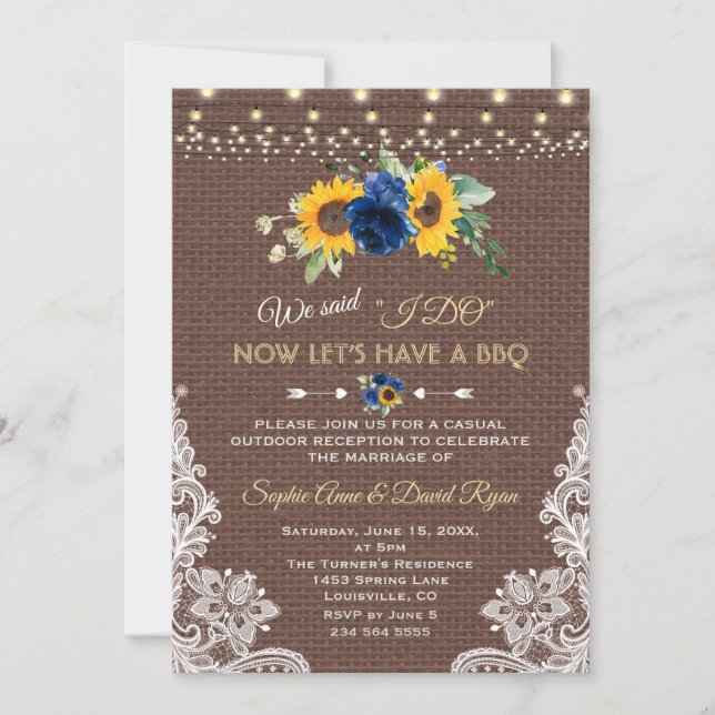 Sunflower Blue Floral Lace Burlap Wedding I DO BBQ Invitation (Front)