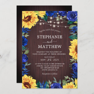 Sunflower Blue Floral Lights Wood Wedding Invitation