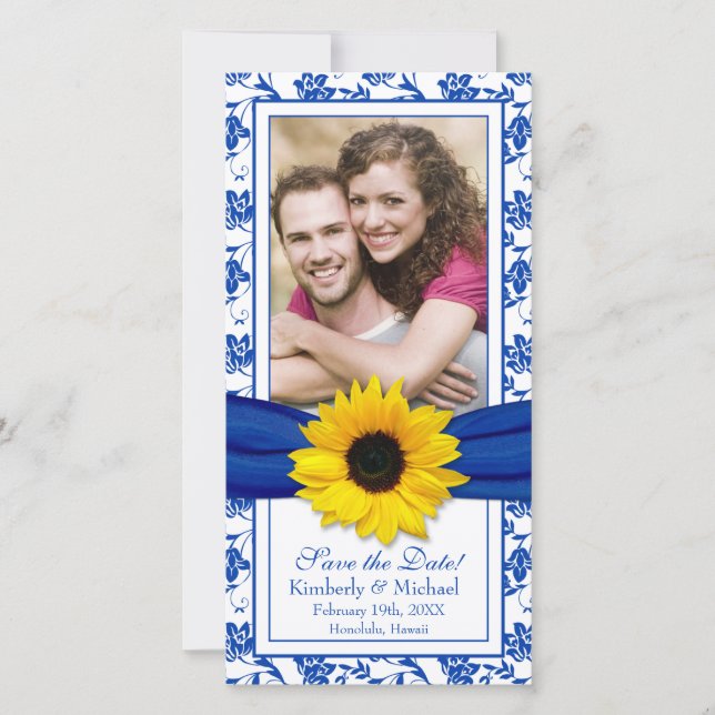 Sunflower Blue Floral Ribbon Wedding Save Date Save The Date (Front)