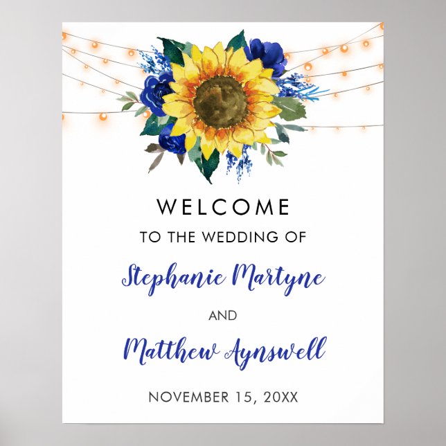 Sunflower Blue Floral String Lights Wedding Poster (Front)