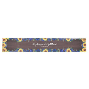 Sunflower Blue Floral Wood Wedding Save The Date Long Table Runner