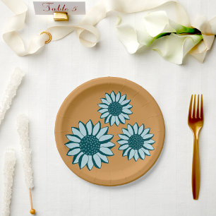 Sunflower Blue Flowers Paper Plate