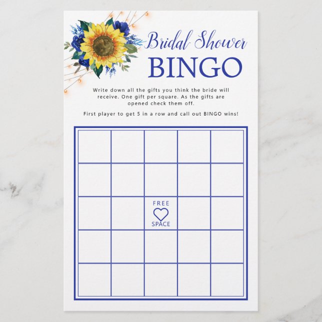 Sunflower Blue Lights Bridal Shower Bingo Game (Front)