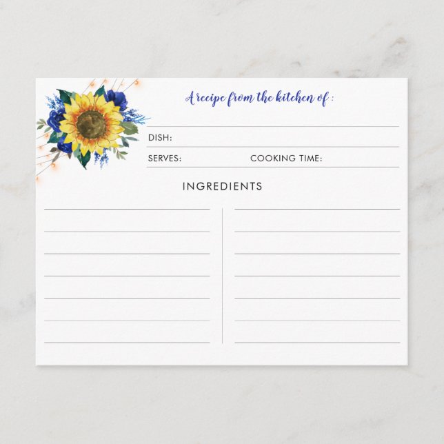 Sunflower Blue Rose Lights Recipe Cards (Front)