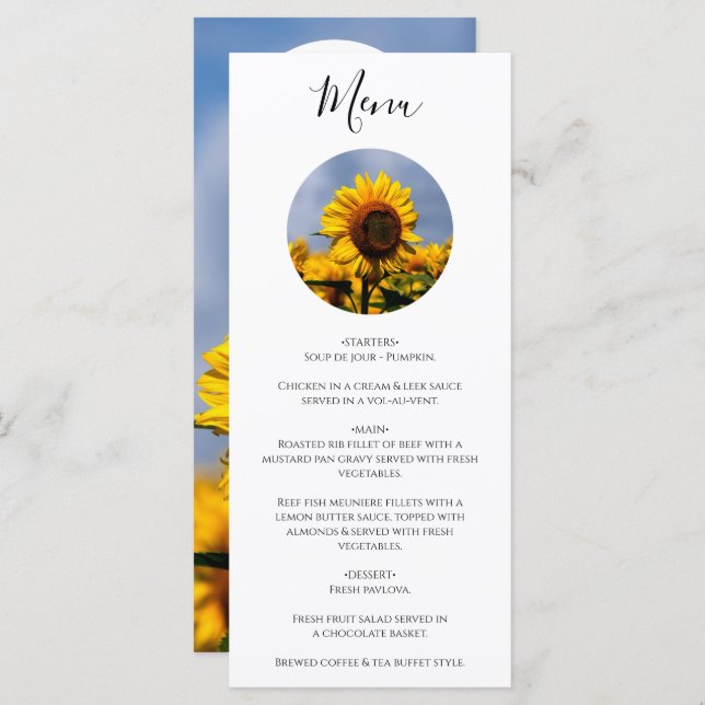 Sunflower Blue Sky Rustic Wedding Menu (Front/Back)