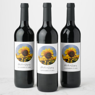 Sunflower Blue Sky Rustic Wedding Wine Label