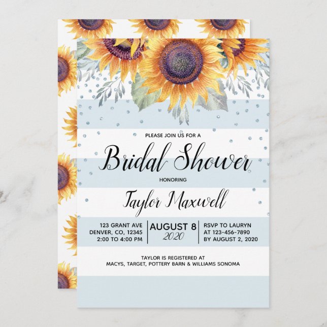 Sunflower blue stripes confetti fall bridal shower invitation (Front/Back)