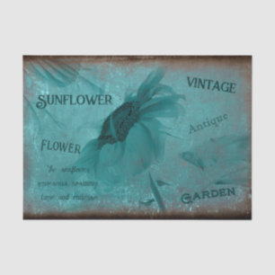 Sunflower Blue Teal Vintage Antique Script Tissue Paper