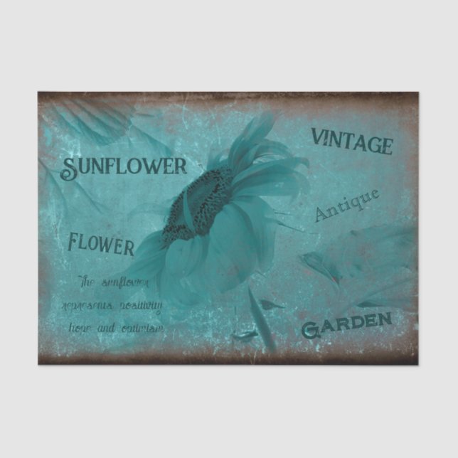 Sunflower Blue Teal Vintage Antique Script Tissue Paper (Front)