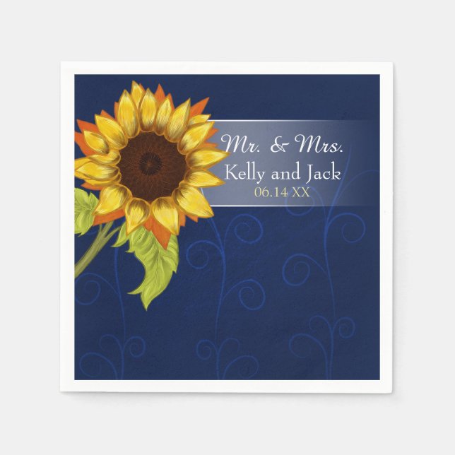 Sunflower/  Blue wedding cocktail napkin (Front)