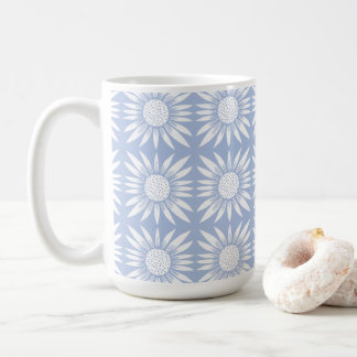 Sunflower Blue White Floral Tile Pattern Coffee Mug