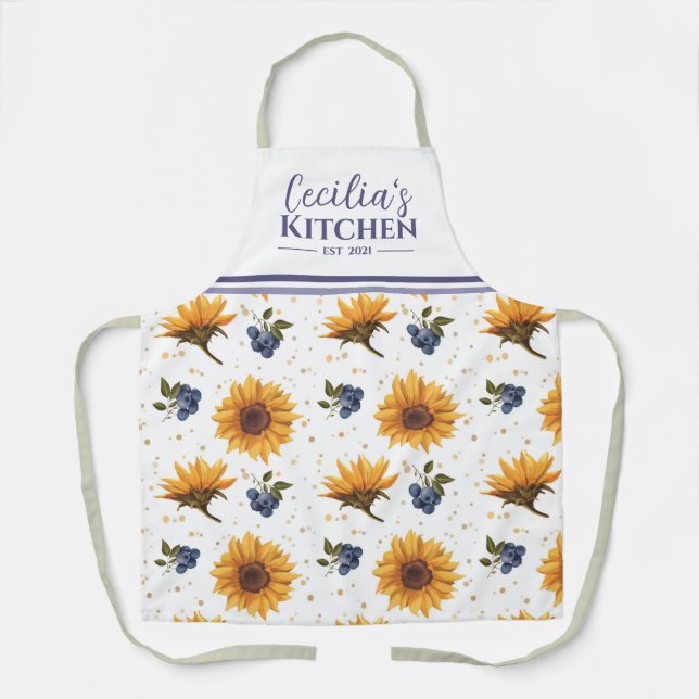 Sunflower & Blueberry Personalised Kitchen Apron (Front)