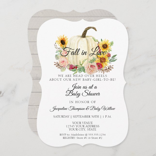 Sunflower Blush Pink Floral Pumpkin Baby Girl Invitation (Front/Back)