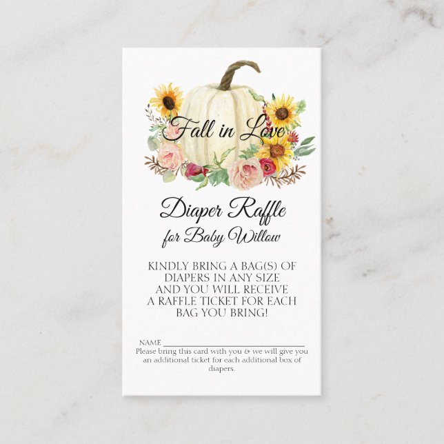 Sunflower Blush Pink Floral Pumpkin Diaper Raffle Business Card (Front)