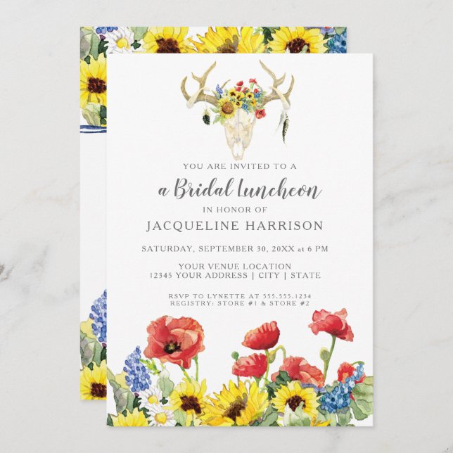 Sunflower BOHO Deer Skull Antlers Bridal Luncheon Invitation (Front/Back)