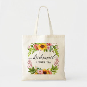Sunflower Boho Floral Calligraphy Bridesmaid Tote Bag
