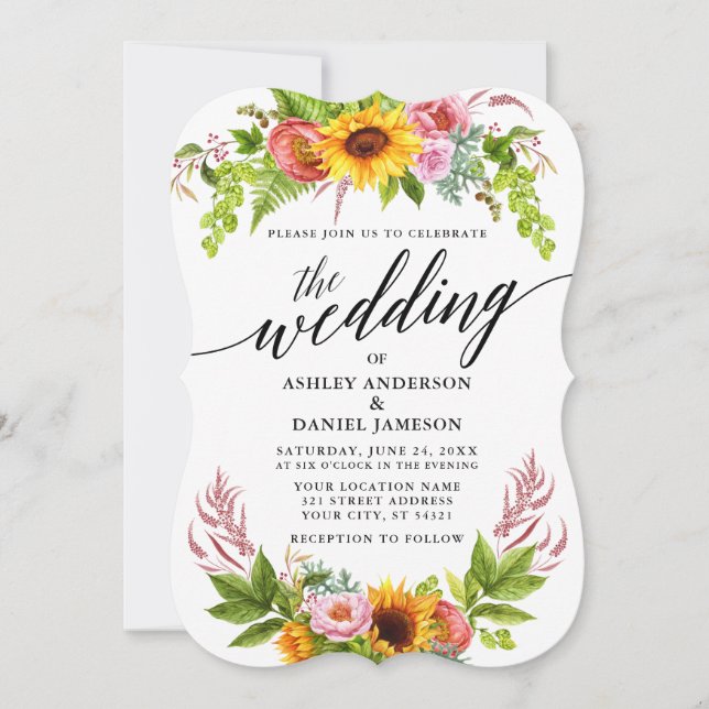 Sunflower Boho Floral Calligraphy Wedding Invitation (Front)