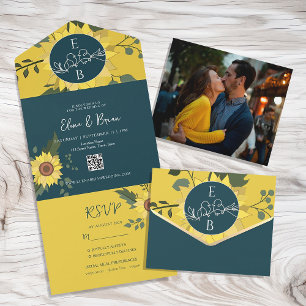 Sunflower Boho Green Photo Wedding All In One Invitation