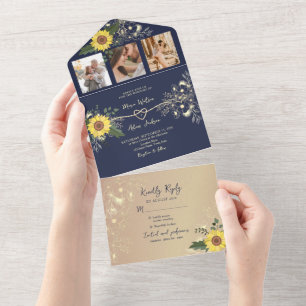 Sunflower Boho Navy Blue Wedding All In One Invitation