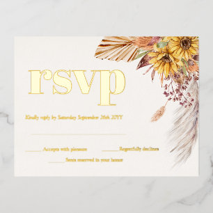 Sunflower Boho Pampas Dried Flowers RSVP Gold Foil Invitation Postcard