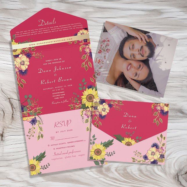 Sunflower Boho Pink Wedding All In One Invitation (Creator Uploaded)