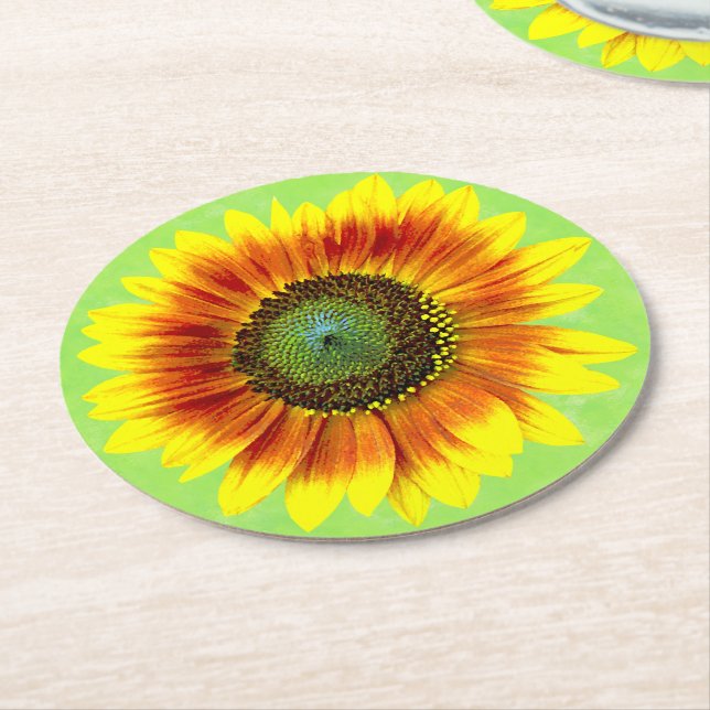 Sunflower Bold Floral Yellow and Green Flower Round Paper Coaster (Angled)