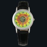 Sunflower Bold Floral Yellow and Green Flower Watch<br><div class="desc">This cute summer floral design has a bold sunflower blossom in full bloom. It's made in shades of bright yellow, vivid orange and brown and green on a slightly distressed / grunge summery green background. The big flower has a painted look. If you love gardens and flowery motifs, you'll love...</div>