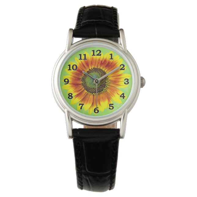Sunflower Bold Floral Yellow and Green Flower Watch (Front)