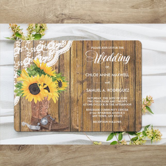 Sunflower Boot White Lace Wood Wedding Invitation (Creator Uploaded)