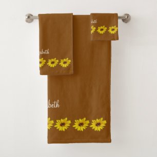Sunflower Border on Brown with Name Bath Towel Set