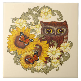 Sunflower Border Owl Tile